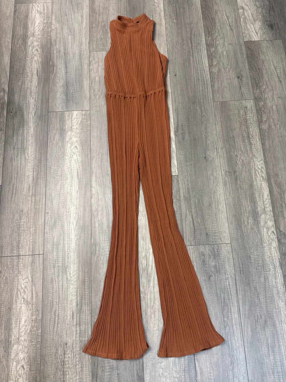 House of Harlow 1960 Sleeveless Ribbed Mock-Neck Jumpsuit in Rust